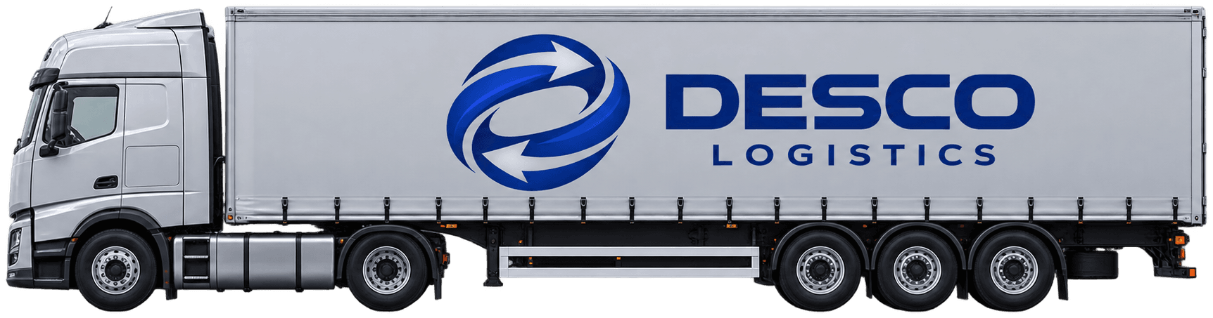 Седельный тягач DESCO LOGISTICS с брендированным тентованным полуприцепом, вид сбоку