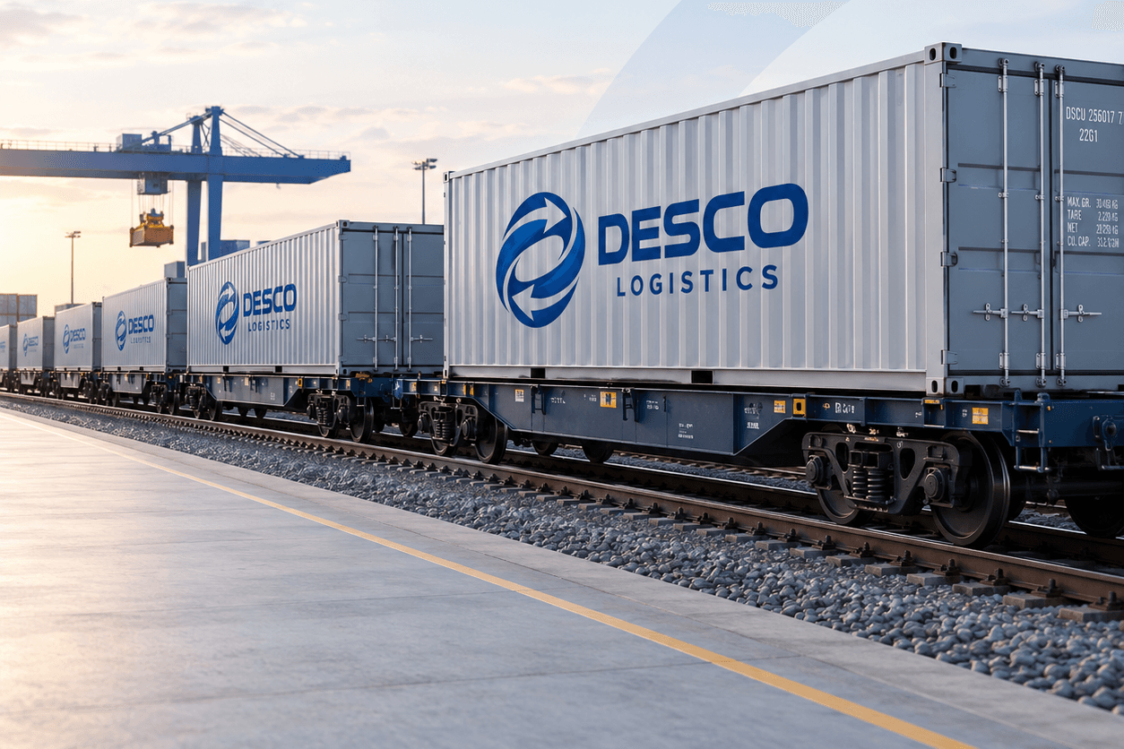 Состав с контейнерами DESCO LOGISTICS на железнодорожном терминале