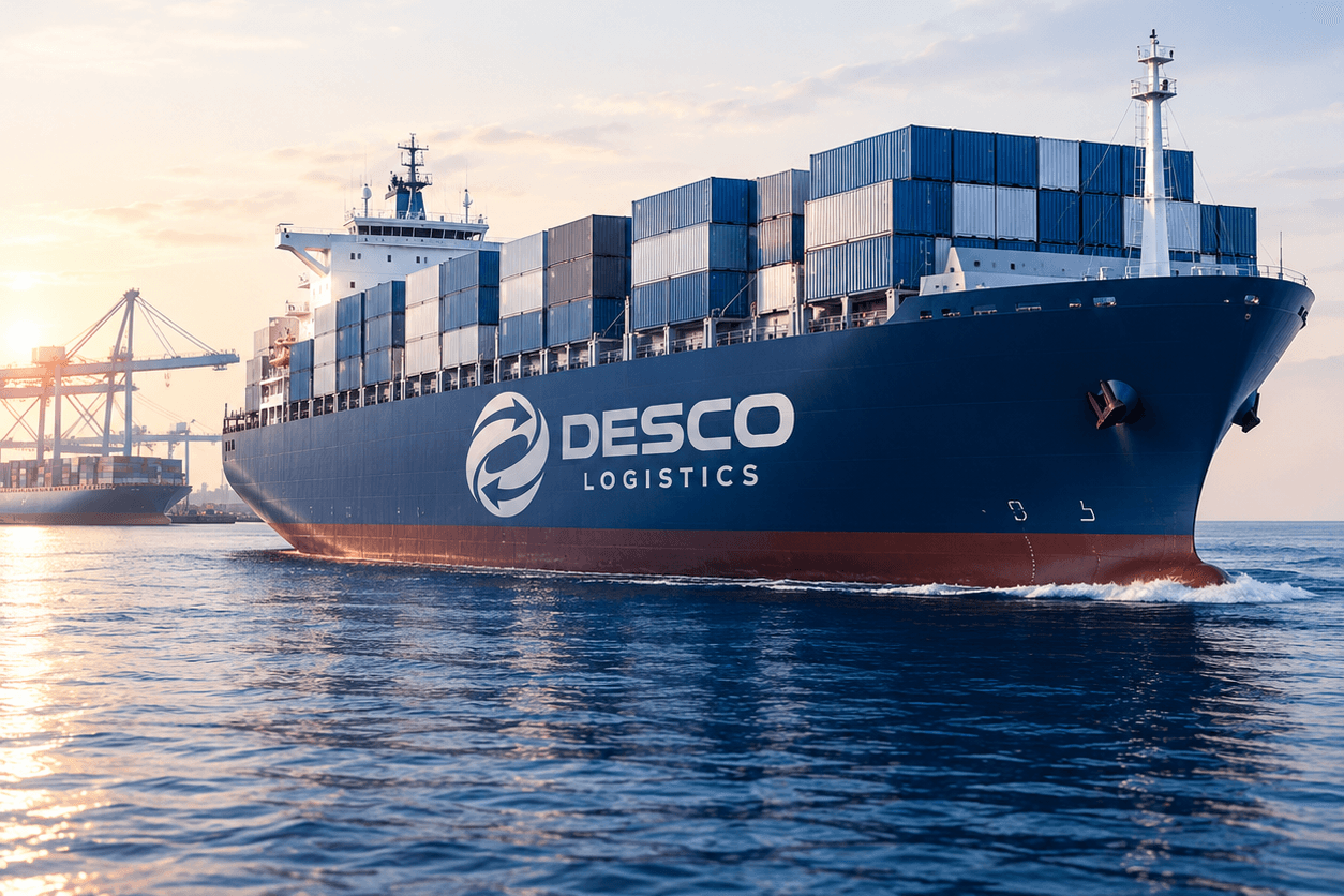 Контейнеровоз с брендингом DESCO LOGISTICS в море